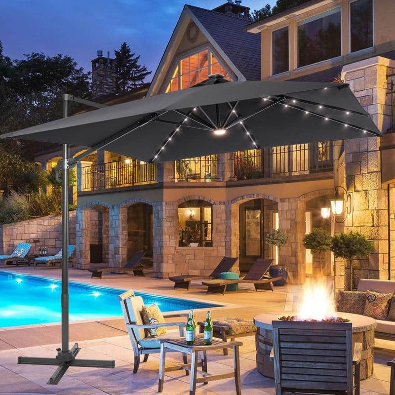 JOYESERY - 10 ft. Offset LED Patio Umbrella Outdoor Hanging Umbrella,50Plus UV Protection Cantilever Outside Umbrella in Anthracite