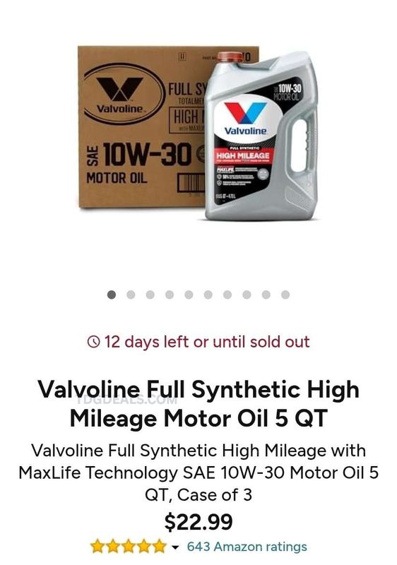 VALVOLINE FULL SYNTHETIC HIGH MILEAGE 10W-30 - $22.99