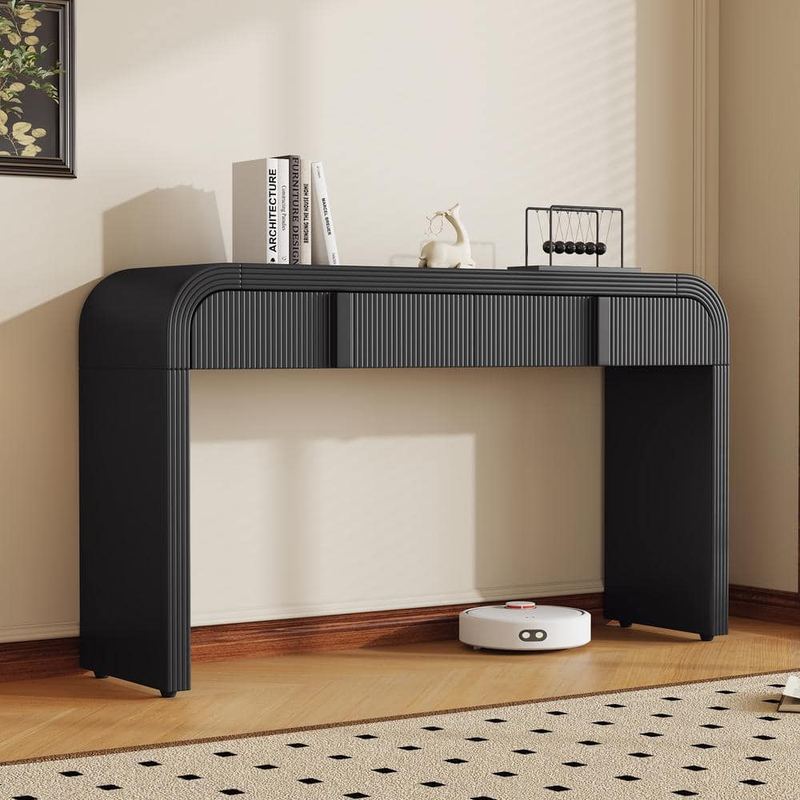 Harper & Bright Designs - Stripe Design 55 in. Black Specialty Filleted Corner MDF Console Table with Adjustable Foot Pads and 2 Drawers