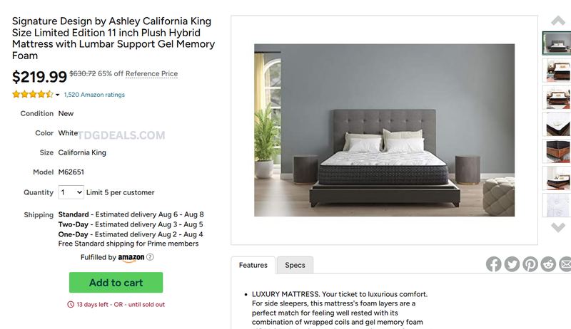 ASHLEY 11" PLUSH HYBRID CAL KING MATTRESS — $219.99
