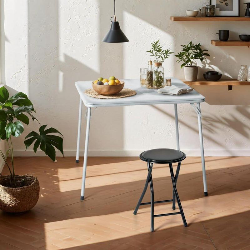 Homy Casa - Newport Series 2-Piece Folding Table & Chair Set, 33.9 in. Gray Square Table & 1 Black Padded Folding Stool