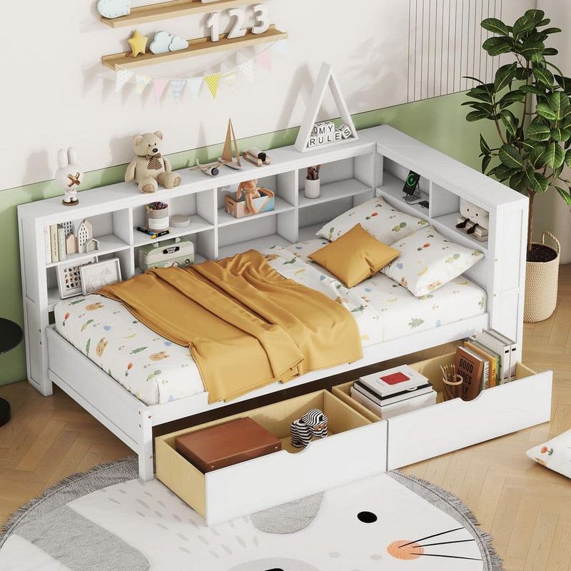 Nestfair - White Twin Daybed with 2 Drawers, Storage Shelf and USB Charging Ports
