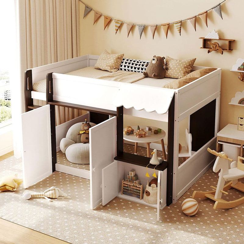 Polibi - Espresso/White Full Size Kids Bed with Playhouse and Storage