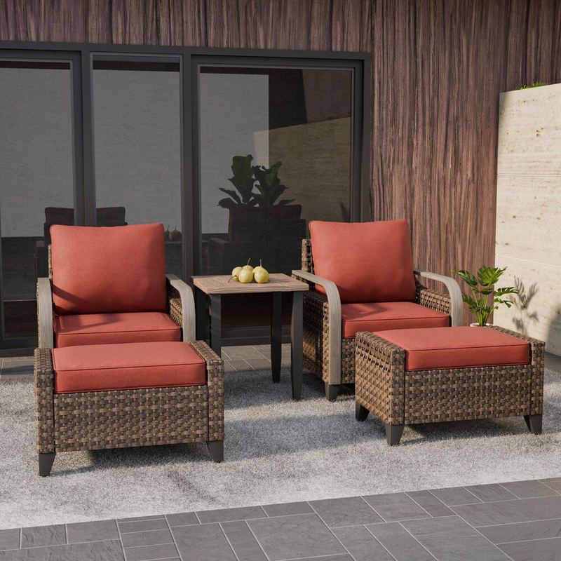 EAGLE PEAK - 5-Piece Wicker Outdoor Patio Conversation Set with Red Cushions, Ottomans and Side Table