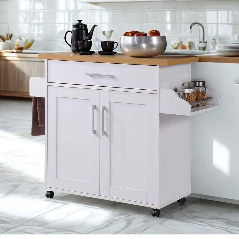 L'Baiet - White Wood Top 35 in. Wide Kitchen Island Cart with Utensil Drawer, Cabinet Storage, Spice Rack & Towel Holder