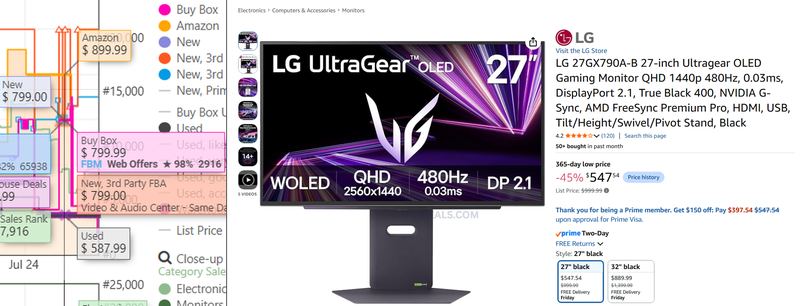 LG 27" ULTRAGEAR OLED GAMING MONITOR — $547.54