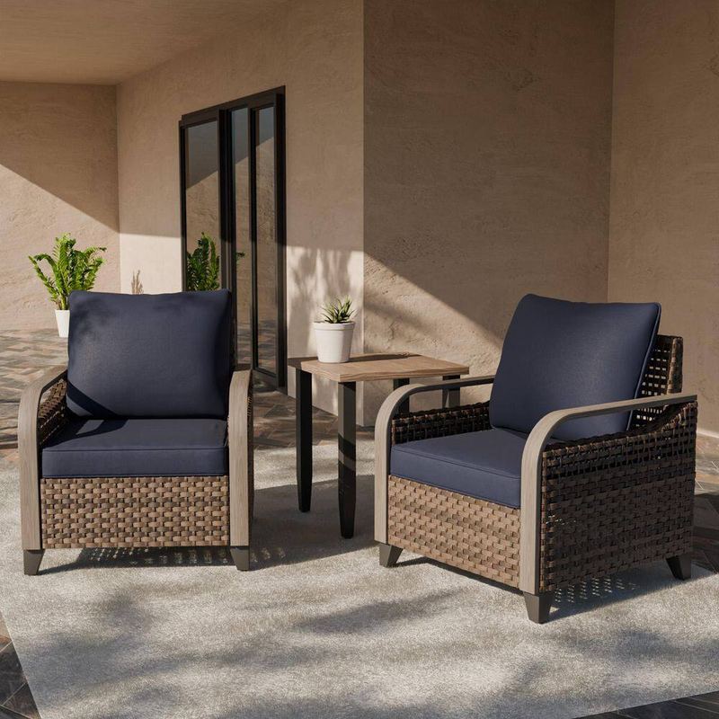 EAGLE PEAK - 3-Piece Brown Wicker Patio Bistro Set Outdoor Single Sofa Set with Blue Cushions