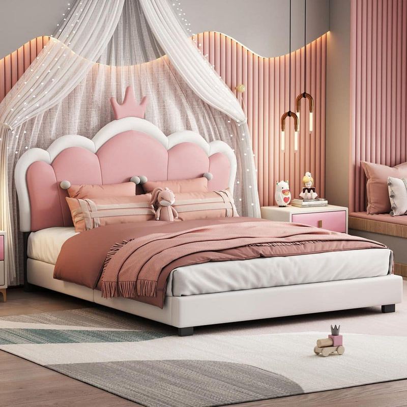 Nestfair - Cream Beige MDF Frame Full Size Upholstered Platform Bed with Crown Headboard and Footboard