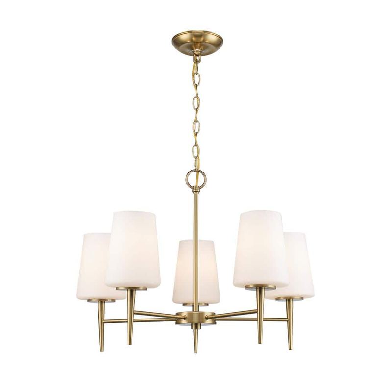 Bel Air Lighting - Horizon 5-Light Gold Hanging Chandelier Light Fixture with Frosted Glass Shades