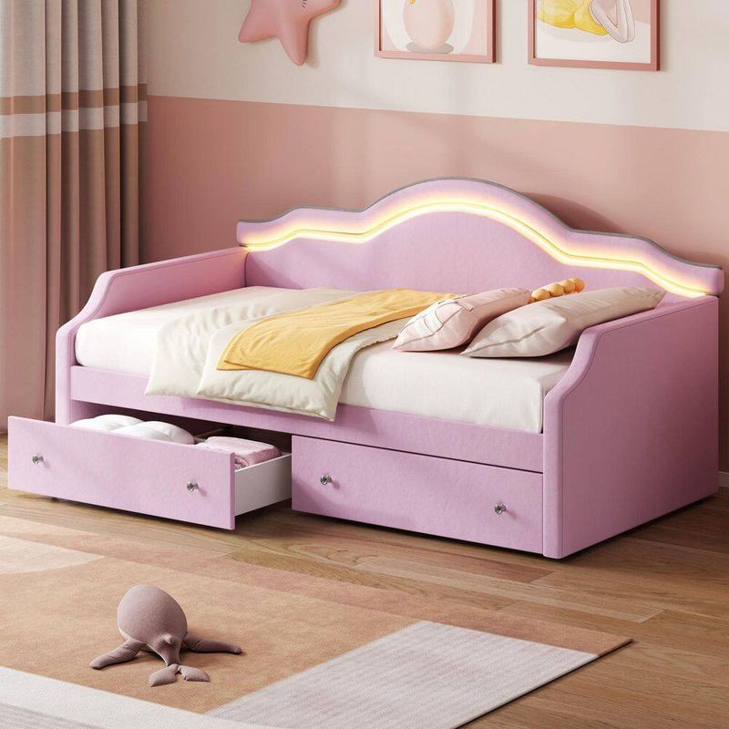 Nestfair - Pink Twin Size Upholstered Daybed with 2 Drawers and LED