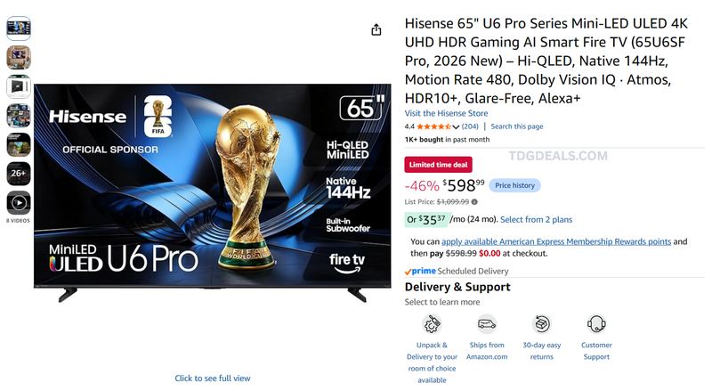 HISENSE 65" U6 PRO MINI-LED 4K TV — $598.99