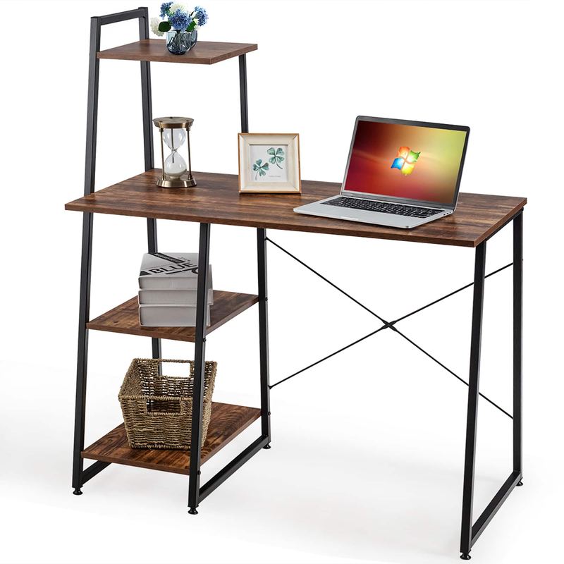 Costway - Modern Computer Desk with 3-tier Storage Shelf CPU Stand Metal Frame for Bedroom - Rustic Brown,Black