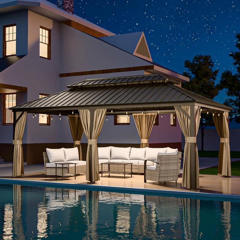 EAGLE PEAK - 12 ft. D x 20 ft. W Patio Galvanized Steel Roof Aluminum Frame 2-Tier Hardtop Gazebo with Curtains and Netting, Brown