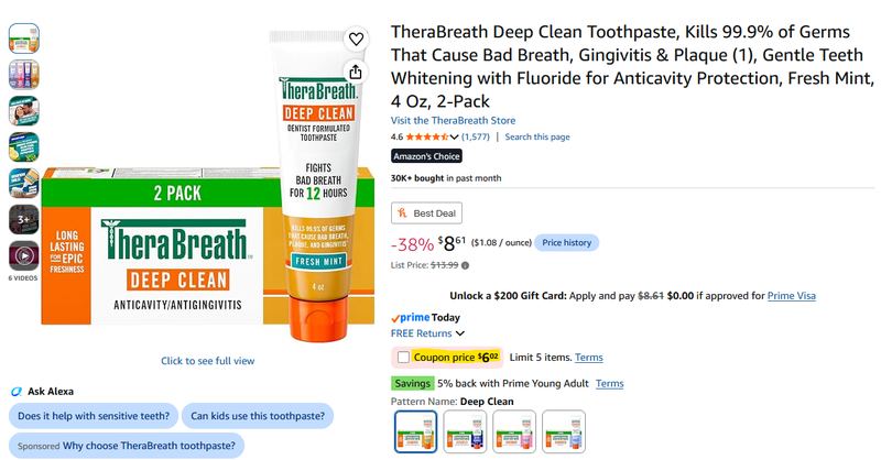 TheraBreath Toothpaste 2-Pack for $6