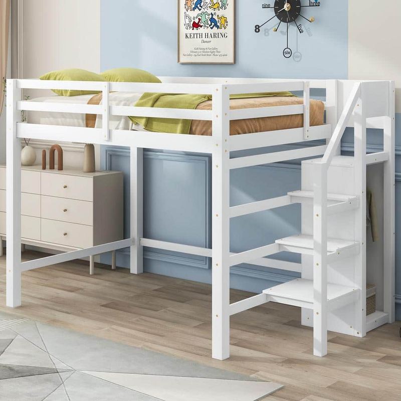 Harper & Bright Designs - White Full Size Wood Loft Bed with Staircase and Built-in Storage Wardrobe