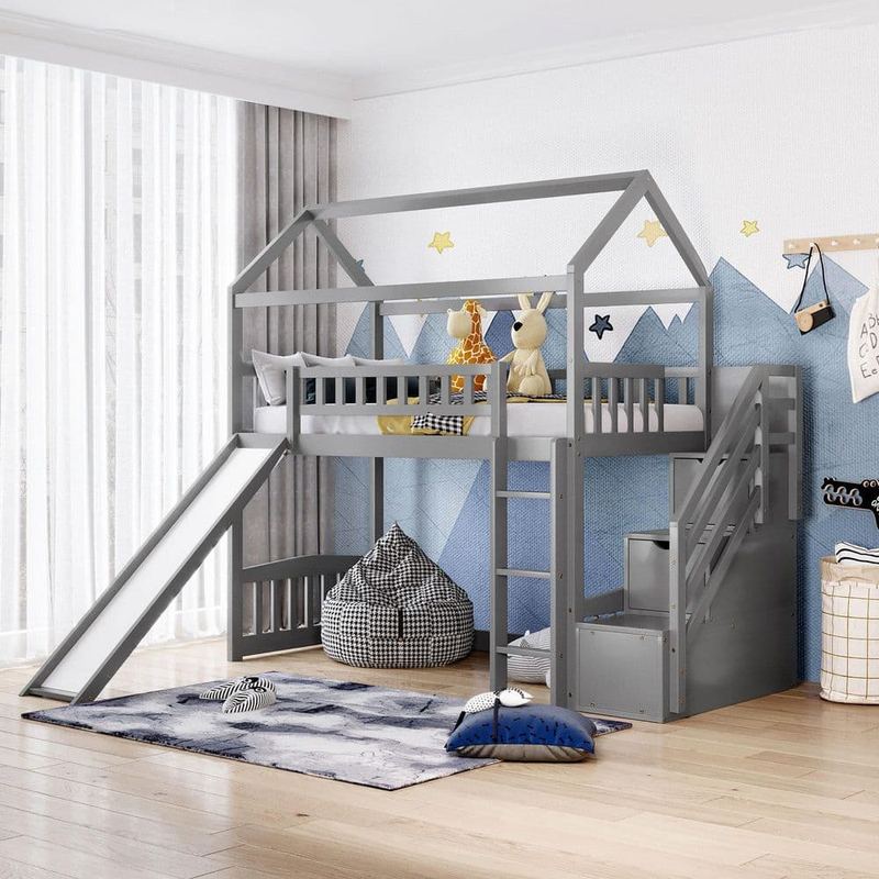 Qualler - Gray Twin Loft Bed with 2-Drawers and Slide