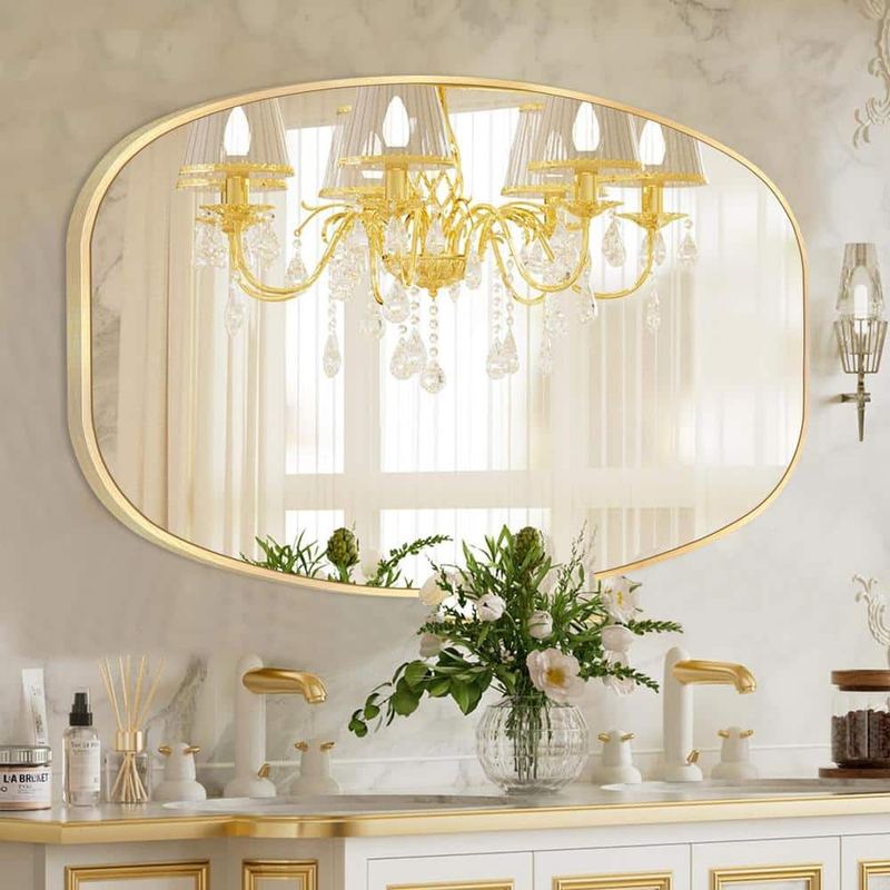LuxHomez - 30 in. W x 48 in. H Glod Oval Wall Mirror Aluminum Frame Vanity Mirror Bathroom Mirror