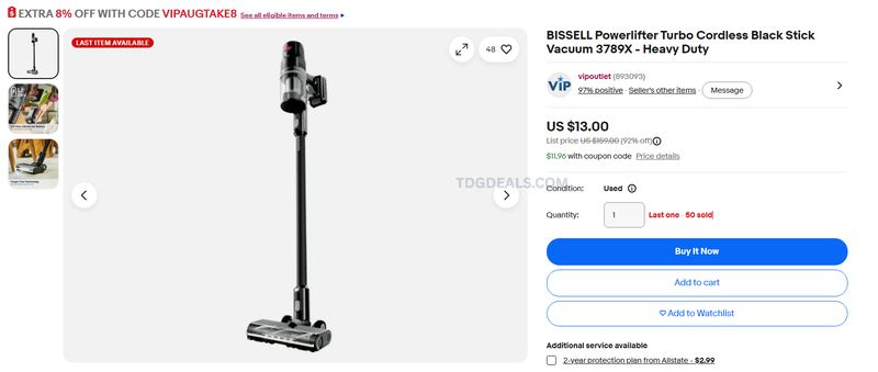 $13 BISSELL PowerLifter Turbo Cordless Stick Vacuum