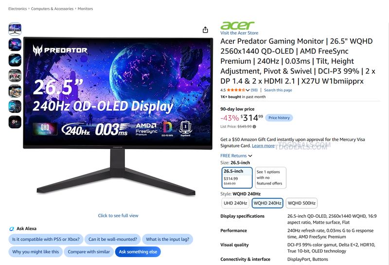 ACER PREDATOR 26.5" QD-OLED MONITOR — $314.99