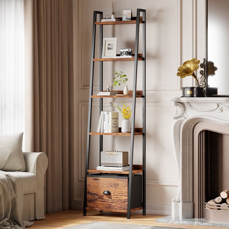 Furnulem - 5 Tier Ladder Shelf with Storage Drawers Wooden Metal Frame Freestanding Bookcase for Living Room - Brown