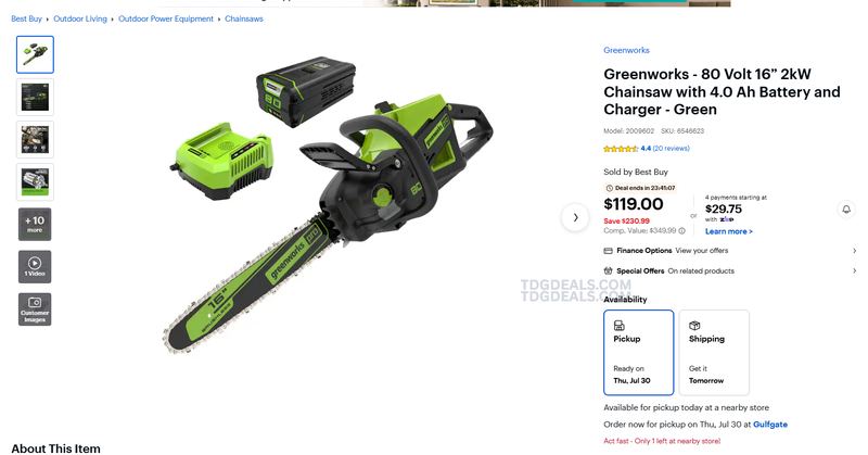 GREENWORKS 80V CHAINSAW — $119