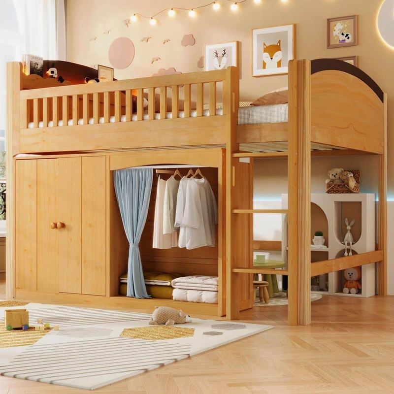 Polibi - Wood Twin Wood Loft Bed with Storage Cabinet, Wardrobe and LED
