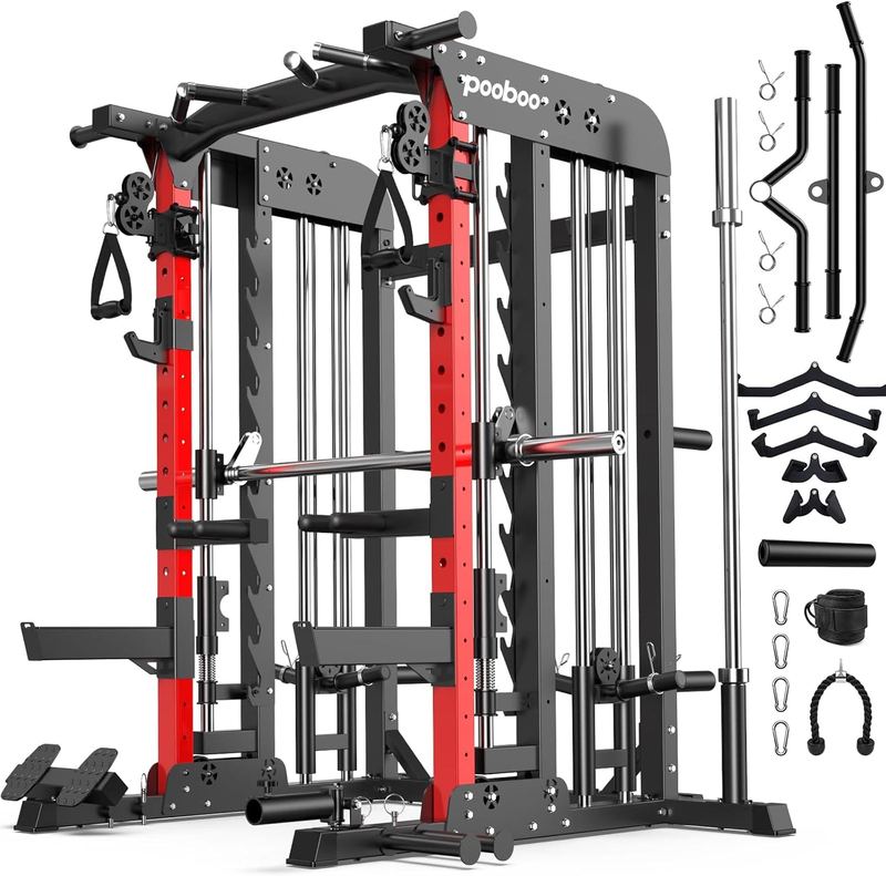 Pooboo - Multi-Function Smith Machine Power Cage, 2000BLS Squat Rack, Lat Pulldown System, Home Use Strength Training - Red