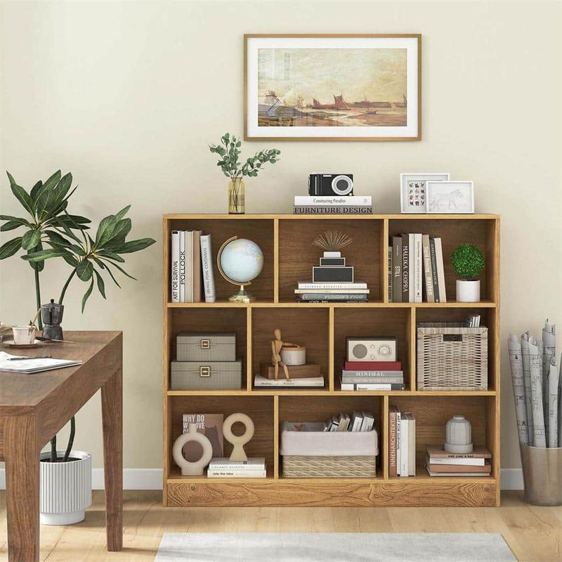 Costway - 41 in. Tall Natural Engineered Wood 10-Shelf Standard Bookcase with Anti-Toppling Kits