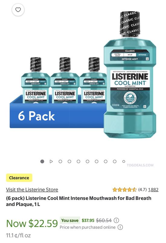 Won’t last! Walmart has the 6-Pack of Listerine Cool Mint Intense 1L Mouthwash on clearance for just $22.59 (Reg. $60.54)!