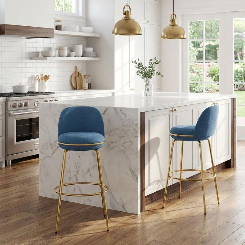 Polibi - 30 in. H Blue/Gold Metal Bar Stool with Fabric Seat Set of 2