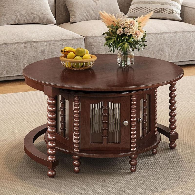 Polibi - 31.3 in. Walnut Round MDF Wood Coffee Table with 6 Bamboo-shaped Glass Doors and Beaded Legs