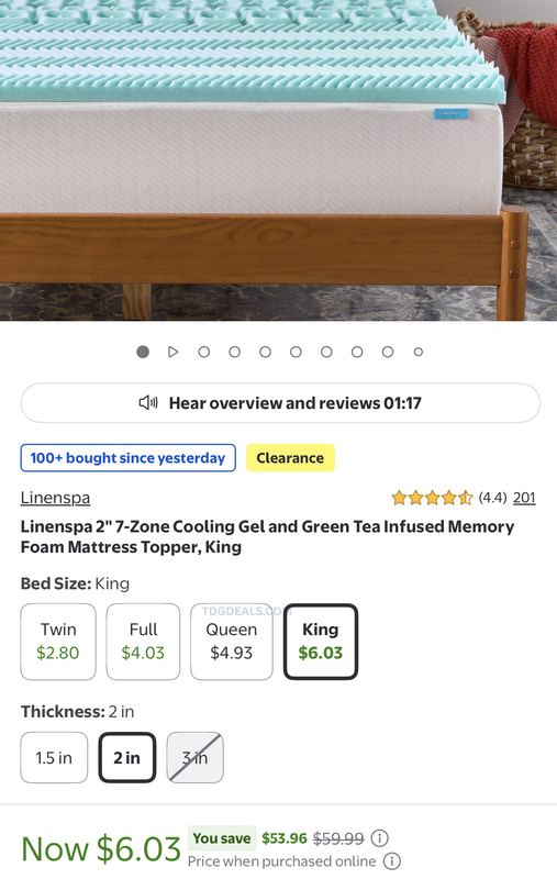 Linenspa 2” 7-Zone Cooling Gel & Green Tea Memory Foam Mattress Topper is on clearance for just $6.03 at Walmart (reg. $59.99)!