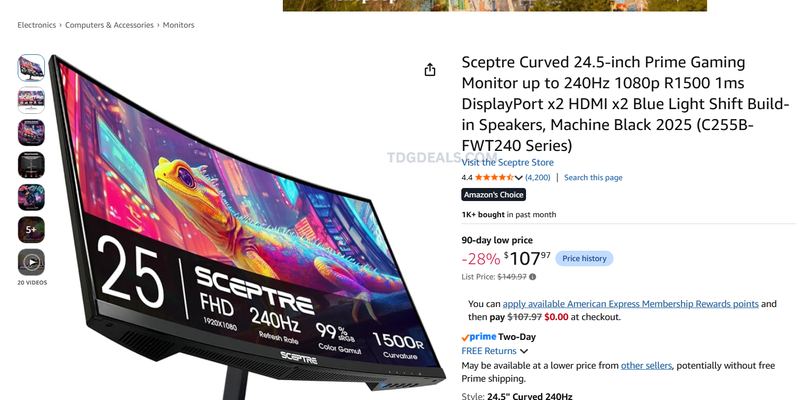 SCEPTRE 24.5" CURVED 240HZ GAMING MONITOR — $107.97