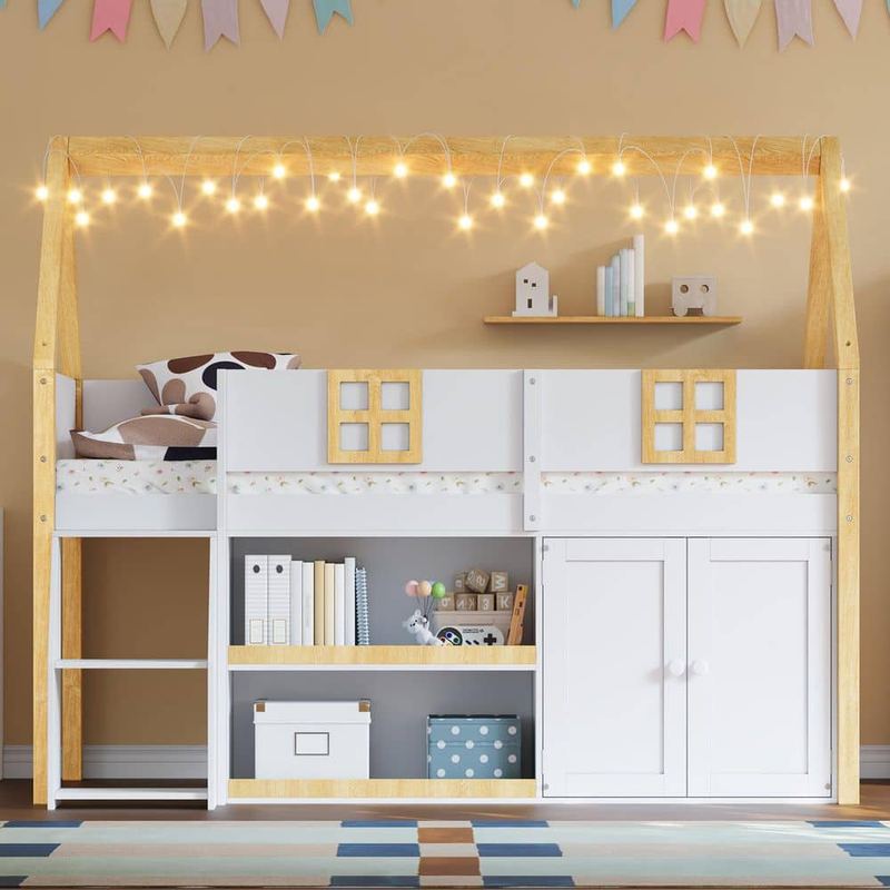 Polibi - Natural/White Twin Wood Loft Bed with Step Staircase, Shelving, Cabinets and LED lights