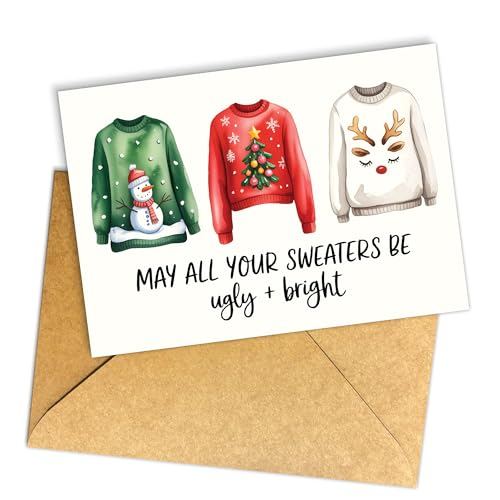 (5.3x8in) May All Your Sweaters Be Ugly and Bright Christmas Card, Funny Holiday Greeting with Festive Sweater Design, Cute Winter Pun Card with Envelope for Friends, Coworkers, Family (Xmas 70)
