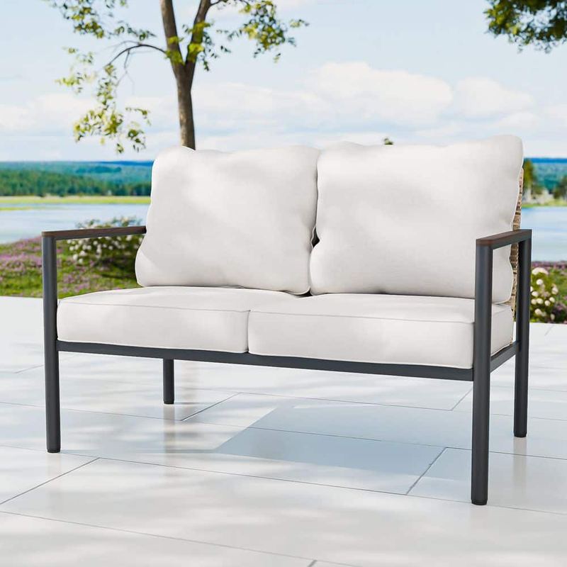 EAGLE PEAK - Black Metal Frame Brown Rattan Wicker Outdoor Patio Loveseat with Beige Cushions