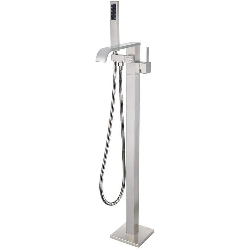 AKDY - 1-Handle Freestanding Floor Mount Tub Faucet Bathtub Filler with Hand Shower in BRUSHED NICKEL