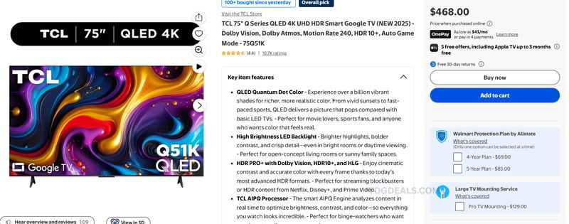 $468 TCL 75" Q Series QLED 4K Google TV (2025)