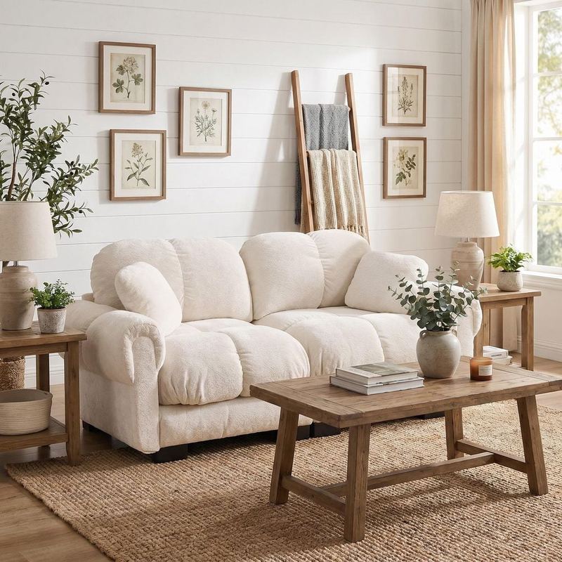 Homy Casa - Marlow 76.3 in. Chenille Modular Sectional Loveseat Sofa with Round Arms and Deep Seats in Cream Beige