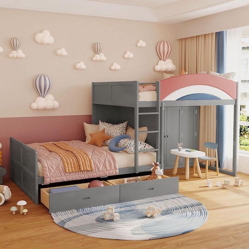 Polibi - Gray MDF,Plywood Full Over Full Bunk Bed with Wardrobe and Drawers