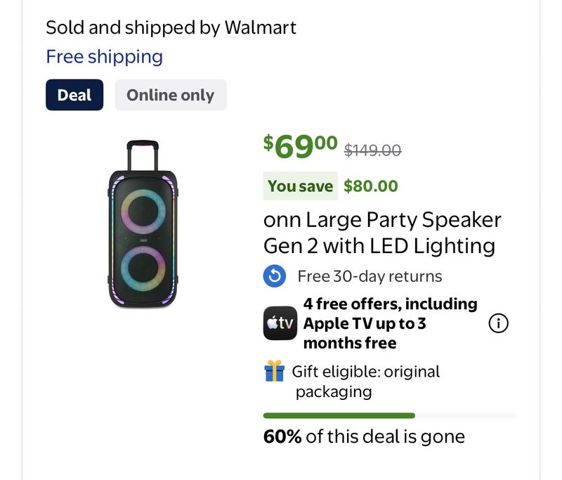 onn Large Party Speaker Gen 2 with LED Lighting
