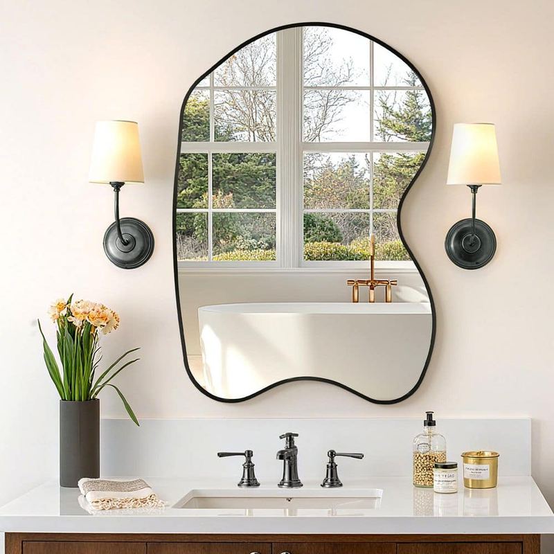 Hochwertiges - 20 in. W x 32 in. H Irregular Black Aluminum Alloy Framed Asymmetrical Wall Mirror with Functional Charm