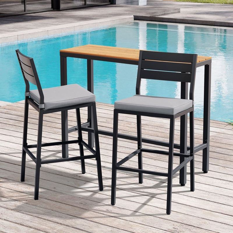 Crestlive Products - 3-Piece Metal Outdoor Serving Bar Set with 42.91 in. L. Table and 2 Stools with Backrest and Removable Cushions in Gray