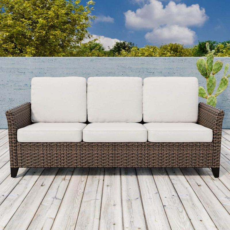 EAGLE PEAK - 2-Color Brown Wicker Outdoor Patio 3 Seater Sofa Couch with Beige Cushions, Wide Armrest