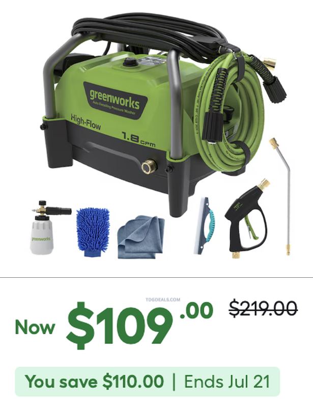 $110 OFF $219 GREENWORKS PRESSURE WASHER KIT