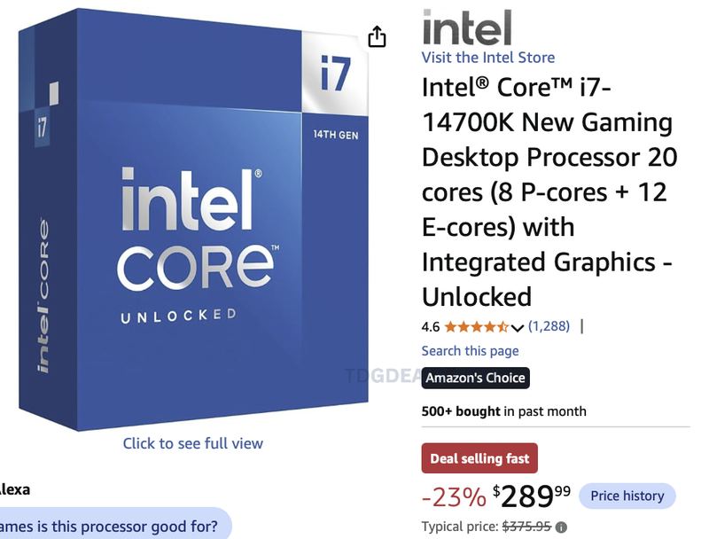 $375.95 INTEL CORE i7-14700K NOW $289.99