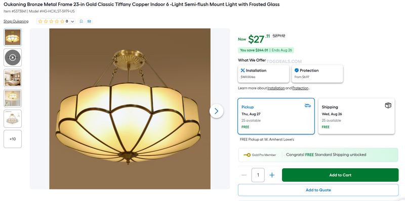$271 TIFFANY-STYLE 6-LIGHT FIXTURE FOR $27.11 AT LOWE’S