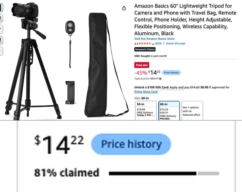 FINAL SALE - $14.22 AMAZON BASICS 60" TRIPOD