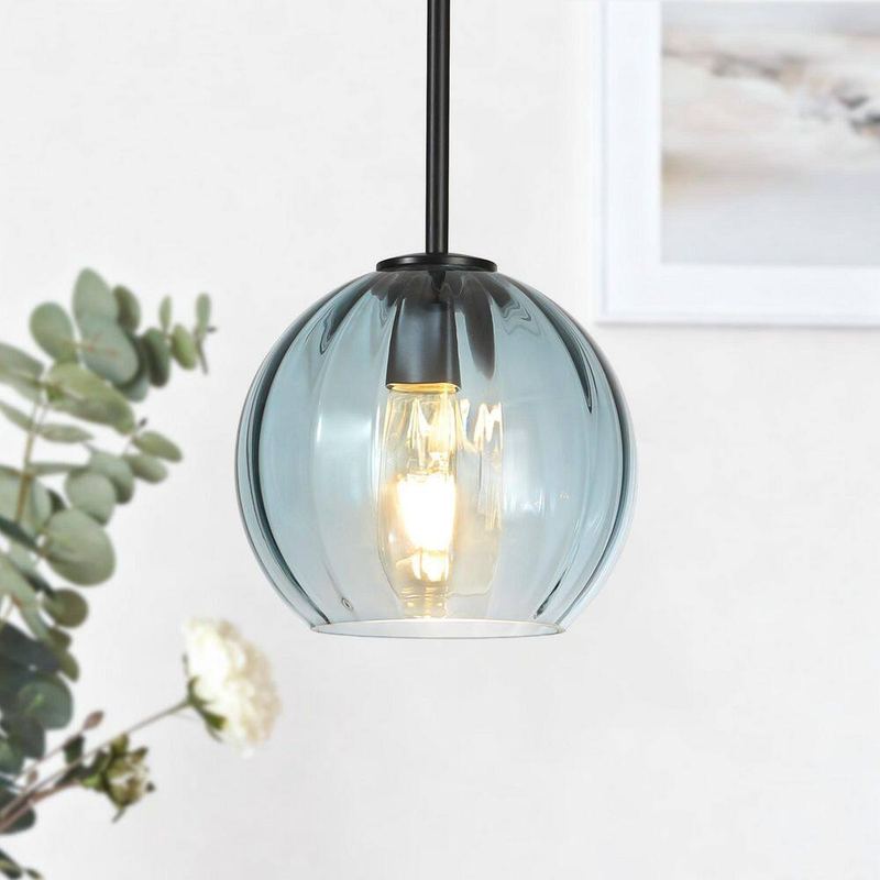 Merbotin - RayHome 1-Light Modern Pendant Light with Blue Vertically Ribbed Glass Shade for Kitchen Island Bedroom