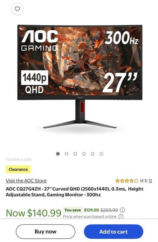 AOC 27" 1440p 300Hz Curved Gaming Monitor